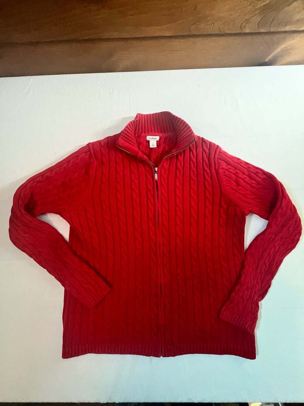 L.L.Bean Red Cable Knit Cotton Zip Mock Neck Sweater Cardigan Women's Old Money